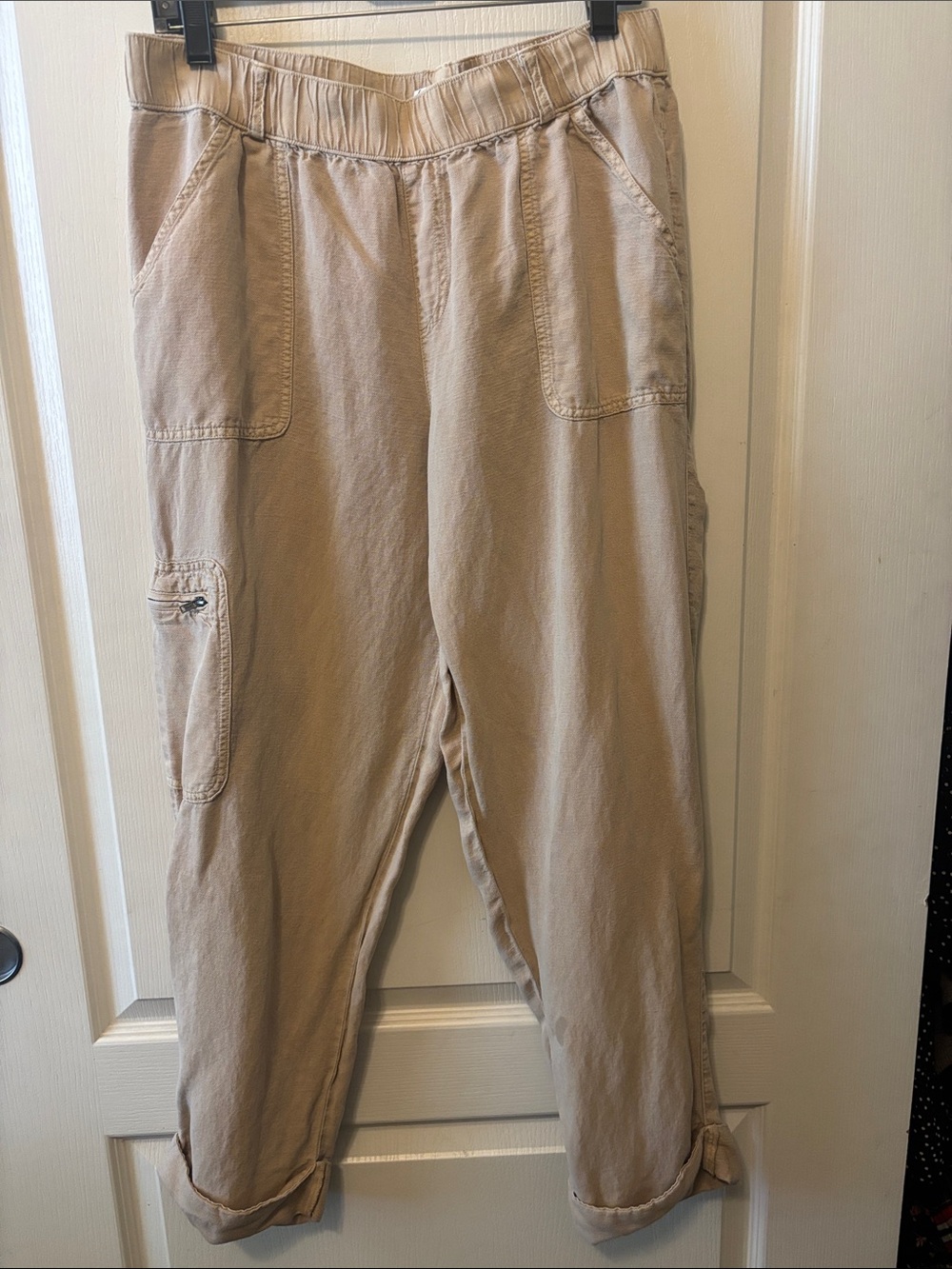 Nicole Miller Beige Elastic-Waist Linen Blend Cargo Pants